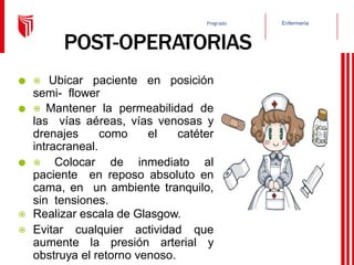 Enfermería
Pregrado
POST-OPERATORIAS
● ⦿ Ubicar paciente en posición
semi- flower
● ⦿ Mantener la permeabilidad de
las vías aéreas, vías venosas y
drenajes como el catéter
intracraneal.
● ⦿ Colocar de inmediato al
paciente en reposo absoluto en
cama, en un ambiente tranquilo,
sin tensiones.
⦿ Realizar escala de Glasgow.
⦿ Evitar cualquier actividad que
aumente la presión arterial y
obstruya el retorno venoso.
 