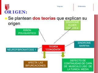 Enfermería
Pregrado
TEORÍA
“CONGÉNITA”
DEFECTO DE
CONTINUIDAD DE CAPA
DE MUSCULO LISO DE
LATUNICA MEDIA
AFECTA LAS
BIFURCACIONES
RIÑÓN
POLIQUISTICO
ELHER
DANLOS 4
SINDROME
MARFAN
NEUROFIBROMATOSIS 1
OR IGEN:
 Se plantean dos teorías que explican su
SÍNDROME
origen
 