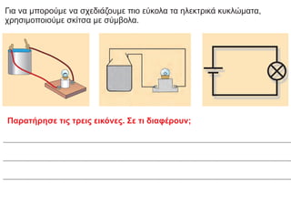 Για να μπορούμε να σχεδιάζουμε πιο εύκολα τα ηλεκτρικά κυκλώματα,
χρησιμοποιούμε σκίτσα με σύμβολα.
Παρατήρησε τις τρεις εικόνες. Σε τι διαφέρουν;
 
