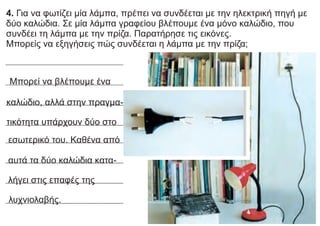 4. Για να φωτίζει μία λάμπα, πρέπει να συνδέεται με την ηλεκτρική πηγή με
δύο καλώδια. Σε μία λάμπα γραφείου βλέπουμε ένα μόνο καλώδιο, που
συνδέει τη λάμπα με την πρίζα. Παρατήρησε τις εικόνες.
Μπορείς να εξηγήσεις πώς συνδέεται η λάμπα με την πρίζα;
Μπορεί να βλέπουμε ένα
καλώδιο, αλλά στην πραγμα-
τικότητα υπάρχουν δύο στο
εσωτερικό του. Καθένα από
αυτά τα δύο καλώδια κατα-
λήγει στις επαφές της
λυχνιολαβής.
 