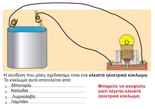 Η σύνδεση που μόλις σχεδιάσαμε είναι ένα κλειστό ηλεκτρικό κύκλωμα.
Το κύκλωμα αυτό αποτελείται από:
Μπαταρία
Καλώδια
Λυχνιολαβή
Λαμπάκι
Μπορείτε να σκεφτείτε
γιατί λέγεται κλειστό
ηλεκτρικό κύκλωμα;
 