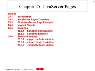  2003 Prentice Hall, Inc. All rights reserved.
1
Chapter 25: JavaServer Pages
Outline
25.1 Introduction
25.2 JavaServer Pages Overview
25.3 First JavaServer Page Example
25.4 Implicit Objects
25.5 Scripting
25.5.1 Scripting Components
25.5.2 Scripting Example
25.6 Standard Actions
25.6.1 <jsp:include> Action
25.6.2 <jsp:forward> Action
25.6.3 <jsp:useBean> Action
 