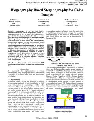 ISSN: 2277 – 9043
                               International Journal of Advanced Research in Computer Science and Electronics Engineering
                                                                                             Volume 1, Issue 4, June 2012



     Biogeography Based Steganography for Color
                      Images
    Er.Rishma                                       Er.Lakhvir Singh                            Er.Krishma Bhuchar
  Assistant Professor                               Research Scholar                            Assistant professor
       RIET                                             RIET                                        KCCEIT
  Phagwara, Punjab.                                 Phagwara, Punjab.                           Nawanshahr, Punjab.



Abstract:- Steganography is an art that involves                  watermarking as shown in figure 2. In the first application,
communication of secret data in an appropriate carrier, e.g.,     a digital image contains a secret message. The advantage
image, audio, video or TCP/IP header file. Steganography’s        of steganography is that those who are outside the party
goal is to hide the existence of embedded data so as not to       even do not realize that some sort of communication is
arouse an eavesdropper’s suspicion. For hiding secret data in
digital images, large varieties of steganographic techniques
                                                                  being done [2].
are available, some are more complex than others, and all of
them have their respective pros and cons. This paper intends
to give thorough understanding and evolution of
biogeography based optimization technique for data hiding.
It covers and integrates recent research work without going
in to much detail of steganalysis, which is the art and science
of defeating steganography. In addition, our proposed
method computes performance evaluation in terms of
computational time of 21.2 seconds as compared to other
evolutionary algorithm. It has good optimization
performance due to its migration operator. Therefore,
Biogeography Based technique is more reliable and faster for
                                                                  Secret Image Cover Image                Stego Image
Image Steganography.

Index Terms: - Biogeography, Image segmentation, RGB                     FIGURE. 1: The block diagram of a simple
(Red, Green and Blue) model, Steganography, Computational
time.                                                                               steganographic system
                                                                  The main applications of such a scheme are to transmit
               I.   INTRODUCTION                                  secret data. In the second application, a short message (a
To understand the implementation of Image                         watermark) is embedded in the image in a robust manner.
Steganography using Biogeography Based Optimization,              Many robust techniques including statistical methods,
Firstly have to understand some terms that are discussed          signal transformation, the spread spectrum method,
given below:                                                      Discrete Cosine Transform (DCT), Discrete Fourier
                                                                  Transformation (DFT), a wavelets-based technique,
1.1. Steganography                                                Fourier–Mellin transformation, fractal-based methods and
Information hiding is an old but interesting technology.          a content-based method can be efficiently applied to
Steganography is a branch of information hiding in which          watermark digital images [3]. The stego-images generated
secret information is camouflaged within other                    by these methods can survive common image processing
information. The word steganography in Greek means                operations, such as lossy compression, filtering, the adding
―covered writing‖ (Greek words ―stegos‖ meaning ―cover‖           of noise, geometrical transformation, and others.
and ―grafia‖ meaning ―writing‖) [1]. The main objective of
steganography is to communicate securely in such a way
that the true message is not visible to the observer. That is
unwanted parties should not be able to distinguish any
sense between cover-image (image not containing any
secret message) and stego-image (modified cover-image
that containing secret message). Thus the stego-image
should not deviate much from original cover-image.
figure.1 shows the block diagram of a simple image
steganographic system. Depending on the form of type of
information hidden in digital images, data hiding schemes
can be roughly divided into two major categories––non-
robust, undetectable data hiding, and robust image                              Figure 2:-Steganography


                                                                                                                                 25
                                                All Rights Reserved © 2012 IJARCSEE
 