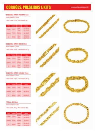 ESQUERDA DIRETA PEQUENO 6mm
Fecho Gaveta de 1 Garra
* Peso Cordão: 81,5g. - Peso Pulseira: 36g.
TIPO CÓDIGO TAMANHO PREÇO
Cordão C1017
60cm
70cm
Pulseira P1015
Kit K1005
60cm
70cm
19/24cm R$ 100,00
R$ 150,00
R$ 170,00
R$ 250,00
R$ 270,00
ESQUERDA DIRETA MÉDIO 10mm
Fecho Gaveta de 1 Garra
* Peso Cordão: 163,6g. - Peso Pulseira: 54,2g.
TIPO CÓDIGO TAMANHO PREÇO
Cordão C1018
60cm
70cm
Pulseira P1016
Kit K1006
60cm
70cm
19/24cm R$ 120,00
R$ 220,00
R$ 250,00
R$ 340,00
R$ 370,00
ESQUERDA DIRETA GRANDE 15mm
Fecho Gaveta de 1 Garra
* Peso Cordão: 274,7g. - Peso Pulseira: 90,1g.
PITBULL MINI 5mm
Fecho Gaveta de 1 Garra
* Peso Cordão: 34,5g. - Peso Pulseira: 18,1g.
TIPO CÓDIGO TAMANHO PREÇO
Cordão C1038
45/60cm
70cm
Pulseira P1029
Kit K1008
60cm
70cm
19/24cm R$ 80,00
R$ 120,00
R$ 130,00
R$ 200,00
R$ 210,00
TIPO CÓDIGO TAMANHO PREÇO
Cordão C1019
Pulseira P1017
Kit K1007
70cm
19/24cm
70cm
R$ 400,00
R$ 180,00
R$ 580,00
CORDÕES, PULSEIRAS E KITS www.ostentacaojoias.com.br
 