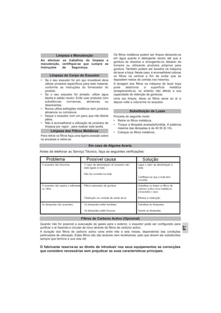 PT
O fabricante reserva-se ao direito de introduzir nos seus equipamentos as correcções
que considere necessárias sem prejudicar as suas características principais.
Ao efectuar os trabalhos de limpeza e
manutenção, certifique-se que cumpre as
instruções de Segurança. indicadas
8.
• Se o seu exaustor for em aço inoxidável deve
utilizar produtos específicos para este material,
conforme as instruções do fornecedor do
produto.
• Se o seu exaustor for pintado, utilize água
tépida e sabão neutro. Evite usar produtos com
substâncias corrosivas, abrasivas ou
dissolventes.
• Nunca utilize esfregões metálicos nem produtos
abrasivos ou corrosivos.
• Seque o exaustor com um pano que não liberte
pêlos.
• Não é aconselhável a utilização de produtos de
limpeza por vapor , para realizar esta tarefa.
Para retirar os filtros faça uma ligeira pressão sobre
os encaixes e retire-os.
Os filtros metálicos podem ser limpos deixando-os
em água quente e detergente neutro até que a
gordura se dissolva e enxugando-os debaixo da
torneira ou utilizando produtos próprios para
gordura. Também podem ser lavados na máquina
de lavar a loiça. Neste caso, é aconselhável colocar
os filtros na vertical a fim de evitar que se
depositem restos de comida nos mesmos.
A lavagem dos filtros na máquina de lavar loiça
pode deteriorar a superfície metálica
(enegrecendo-a), no entanto não afecta a sua
capacidade de retenção de gorduras.
Uma vez limpos, deixe os filtros secar ao ar e
depois volte a colocá-los no exaustor.
Proceda do seguinte modo:
• Retire os filtros metálicos.
• Troque a lâmpada avariada/fundida. A potência
máxima das lâmpadas é de 40 W (E-14).
• Coloque os filtros metálicos.
Substituição de Luzes
Limpeza dos Filtros Metálicos
Limpeza do Corpo do Exaustor
Limpeza e Manutenção
Em caso de Alguma Avaria
Antes de telefonar ao Serviço Técnico, faça as seguintes verificações:
Filtros de Carbono Activo (Opcional)
Quando não for possível a evacuação de gases para o exterior, o exaustor pode ser configurado para
purificar o ar fazendo-o circular de novo através de filtros de carbono activo.
A duração dos filtros de carbono activo varia entre três e seis meses, dependendo das condições
particulares de utilização. Estes filtros não são laváveis nem reutilizáveis, pelo que devem ser substituídos
sempre que termina a sua vida útil.
 