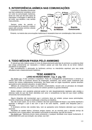 5. INTERFERÊNCIA ANÍMICA NAS COMUNICAÇÕES
   O animismo é daquelas ocorrências
que bem poderemos considerar como
um ruído na comunicação mediúnica,
tendo em vista que ele será capaz de
interceptar a mensagem e altera-la de
tal modo, que adultere o seu sentido
mais profundo...

   Sempre antes de permitir a
comunicação de um espírito o médium
passa pelo processo anímico através
do desprendi-mento.

  Portanto, na maioria das comunicações mediúnicas é necessário levar em consideração o fator anímico.




6. TODO MÉDIUM PASSA PELO ANIMISMO
    É natural que todo médium passe no início do desenvolvimento pela fase do animismo ou podemos dizer
que chega praticamente ser necessário o médium passar por esta fase antes de se tornar médium
psicofônico ou psicógrafo.
    Não aconselhamos a eliminação do fenômeno anímico no intercâmbio espiritual, pois isso ainda
dificultaria mais o desenvolvimento mediúnico.

                                        TESE ANIMISTA
                         LIVRO NO MUNDO MAIOR - Cap. 9 pág. 123
   Diz André Luiz: A tese animista é respeitável. Partiu de investigadores conscienciosos e sinceros, e
nasceu para coibir os prováveis abusos da imaginação; entretanto, vem sendo usada cruelmente pela
maioria dos nossos colaboradores encarnados, que fazem dela um órgão inquisitorial, quando deveriam
aproveitá-la como elemento educativo, na ação fraterna.
   Milhares de companheiros fogem ao trabalho, amedrontados, recuam ante os percalços da iniciação
mediúnica, porque o animismo se converteu em cérbero (porteiro ou guarda intratável).

    Muitos médiuns com excelente potencial podem ter sido desastradamente rejeitados pela simples e
dolorosa razão de que não foram atendidos com amor e competência na fase em que viviam conflitos
emocionais mal compreendidos
    .
    Alguns dirigentes até recomendam que o animismo deve ser evitado, porque causa perturbações,
fomenta a descrença, dá lugar à mistificação e desvirtua os trabalhos.
    Isto não é bem assim, se no início o médium não tiver oportunidade de limpar a sua mente espiritual e
aprender a distinguir o que é seu com o que é de outro espírito, poderá criar bloqueios para a
vida toda.
    O fenômeno anímico não constitui tabu, nem se apresenta como fantasma aterrador que é preciso
exorcizar.
    Recolhido ao castelo teórico, inúmeros amigos nossos, em se reunindo para o elevado serviço de
intercâmbio com a nossa esfera, não aceitam comumente os servidores, que hão de crescer.
    Diz André Luiz: “Nenhuma árvore nasce produzindo, e qualquer faculdade nova requer burilamento. A
mediunidade tem, pois sua evolução, seu campo, sua rota”.


                                                                                                     155
 