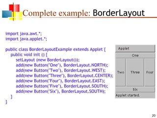 Complete example: BorderLayout
import java.awt.*;
import java.applet.*;
public class BorderLayoutExample extends Applet {
public void init () {
setLayout (new BorderLayout());
add(new Button("One"), BorderLayout.NORTH);
add(new Button("Two"), BorderLayout.WEST);
add(new Button("Three"), BorderLayout.CENTER);
add(new Button("Four"), BorderLayout.EAST);
add(new Button("Five"), BorderLayout.SOUTH);
add(new Button("Six"), BorderLayout.SOUTH);
}
}
20

 