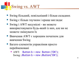 Swing vs. AWT








Swing більший, повільніший і більш складних
Swing є більш гнучким і краще виглядає
Swing і AWT несумісні - ви можете
використовувати будь-який із них, але ви не
можете змішувати їх
Вивчення AWT є хорошим початком для
вивчення Swing
Багато елементів управління просто
перейменовані


AWT: Button b = new Button ("OK");
Swing: JButton b = new JButton("OK");
4

 