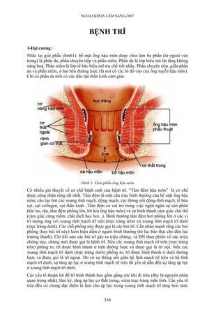 NGOẠI KHOA LÂM SÀNG-2007



                                  BỆNH TRĨ

1-Đại cương:
Nhắc lại giải phẫu (hình1): bề mặt ống hậu môn được chia làm ba phần (từ ngoài vào
trong) là phần da, phần chuyển tiếp và phần niêm. Phần da là lớp biểu mô lát tầng không
sừng hoá. Phần niêm là lớp tế bào biểu mô trụ chế tiết nhầy. Phần chuyển tiếp, giữa phần
da và phần niêm, ở hai bên đường lược (là nơi có các lổ đổ vào của ống tuyến hậu môn).
Chỉ có phần da mới có các đầu tận thần kinh cảm giác.




                              Hình 1- Giải phẫu ống hậu môn
Có nhiều giả thuyết về cơ chế bệnh sinh của bệnh trĩ. “Tấm đệm hậu môn” là cơ chế
được công nhận rộng rãi nhất. Tấm đệm là một cấu trúc bình thường của bề mặt ống hậu
môn, cấu tạo bởi các xoang tĩnh mạch, động mạch, các thông nối động-tĩnh mạch, tế bào
sợi, sợi collagen, sợi thần kinh...Tấm đệm có vai trò trong việc ngăn ngừa sự són phân
(khi ho, rặn, tấm đệm phồng lên, bít kín ống hậu môn) và sự hình thành cảm giác chủ thể
(cảm giác cứng mềm, chất dịch hay hơi...). Bình thường tấm đệm hơi phồng lên ở các vị
trí tương ứng với xoang tĩnh mạch trĩ trên (trực tràng trên) và xoang tĩnh mạch trĩ dưới
(trực tràng dưới). Các chỗ phồng này được gọi là các búi trĩ. Cần nhấn mạnh rằng các búi
phồng (hay búi trĩ này) luôn hiện diện ở người bình thường (từ lúc bào thai cho đến lúc
trưởng thành). Chỉ khi nào các búi trĩ gây ra triệu chứng, và BN than phiền về các triệu
chứng này, chúng mới được gọi là bệnh trĩ. Nếu các xoang tĩnh mạch trĩ trên (trực tràng
trên) phồng to, trĩ được hình thành ở trên đường lược và được gọi là trĩ nội. Nếu các
xoang tĩnh mạch trĩ dưới (trực tràng dưới) phồng to, trĩ được hình thành ở dưới đường
lược và được gọi là trĩ ngoại. Do có sự thông nối giữa hệ tĩnh mạch trĩ trên và hệ tĩnh
mạch trĩ dưới, sự tăng áp lực ở xoang tĩnh mạch trĩ trên tất yếu sẽ dẫn đến sự tăng áp lực
ở xoang tĩnh mạch trĩ dưới.
Các yếu tố thuận lợi để trĩ hình thành bao gồm gắng sức khi đi tiêu (đây là nguyên nhân
quan trọng nhất), thai kỳ, tăng áp lực cơ thắt trong, viêm trực tràng mãn tính. Các yếu tố
trên đều có chung đặc điểm là làm cho áp lực trong xoang tĩnh mạch trĩ tăng hơn mức


                                           338
 