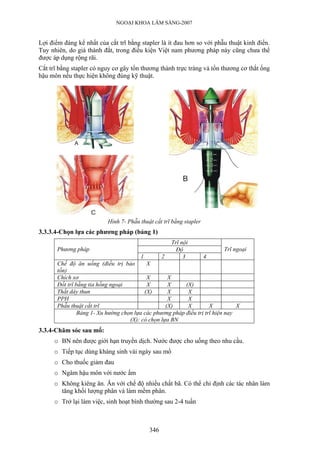 NGOẠI KHOA LÂM SÀNG-2007


Lợi điểm đáng kể nhất của cắt trĩ bằng stapler là ít đau hơn so với phẫu thuật kinh điển.
Tuy nhiên, do giá thành đắt, trong điều kiện Việt nam phương pháp này cũng chưa thể
được áp dụng rộng rãi.
Cắt trĩ bằng stapler có nguy cơ gây tổn thương thành trực tràng và tổn thương cơ thắt ống
hậu môn nếu thực hiện không đúng kỹ thuật.




                           Hình 7- Phẫu thuật cắt trĩ bằng stapler
3.3.3.4-Chọn lựa các phương pháp (bảng 1)
                                                     Trĩ nội
       Phương pháp                                     Độ                 Trĩ ngoại
                                         1       2        3       4
       Chế độ ăn uống (điều trị bảo         X
       tồn)
       Chích xơ                             X       X
       Đốt trĩ bằng tia hồng ngoại          X       X     (X)
       Thắt dây thun                       (X)      X      X
       PPH                                          X      X
       Phẫu thuật cắt trĩ                          (X)     X         X          X
                Bảng 1- Xu hướng chọn lựa các phương pháp điều trị trĩ hiện nay
                                    (X): có chọn lựa BN
3.3.4-Chăm sóc sau mổ:
     o BN nên được giới hạn truyền dịch. Nước được cho uống theo nhu cầu.
     o Tiếp tục dùng kháng sinh vài ngày sau mổ
     o Cho thuốc giảm đau
     o Ngâm hậu môn với nước ấm
     o Không kiêng ăn. Ăn với chế độ nhiều chất bã. Có thể chỉ định các tác nhân làm
       tăng khối lượng phân và làm mềm phân.
     o Trở lại làm việc, sinh hoạt bình thường sau 2-4 tuần



                                            346
 