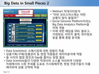 Big Data in Small Pieces 2

                              • Walmart 빅데이터분석
                              • “이번 크리스마스에는 어떤
                                상품이 많이 팔릴까?”
                              • Social Genome Platform이라는
                                Big Data Analytics Platform을
                                자체 개발
                              • 이에 대한 해답을 SNS, 블로그,
                                거래정보, 이미지 클릭, 위치정보
                                등을 통해 종합 분석함



 •   Data Scientists는 소매시장에 대한 경험이 적음
 •   상품기획/구매/상품관리 등 현업 직원들은 데이터분석에 약함
 •   둘 사이의 협업 증진과 Gap을 줄이는 방법 필요
 •   Data Scientists들이 다양한 빅데이터 소스를 처리하여 다양한
     차원에서의 시장 추세를 도표로 가시화해주면, 현업 전문가들이 이를
     해석하여 상품 선택에 적용
Page  13
 