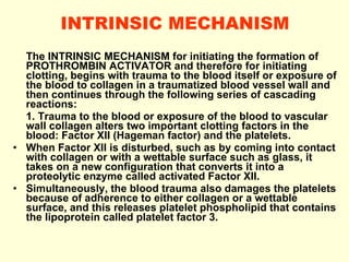 INTRINSIC MECHANISM The INTRINSIC MECHANISM for initiating the formation of PROTHROMBIN ACTIVATOR and therefore for initiating clotting, begins with trauma to the blood itself or exposure of the blood to collagen in a traumatized blood vessel wall and then continues through the following series of cascading reactions: 1. Trauma to the blood or exposure of the blood to vascular wall collagen alters two important clotting factors in the blood: Factor XII (Hageman factor) and the platelets. When Factor XII is disturbed, such as by coming into contact with collagen or with a wettable surface such as glass, it takes on a new configuration that converts it into a proteolytic enzyme called activated Factor XII.  Simultaneously, the blood trauma also damages the platelets because of adherence to either collagen or a wettable surface, and this releases platelet phospholipid that contains the lipoprotein called platelet factor 3. 