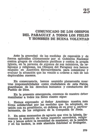 25- Comunicado de los obispos del Paraguay a todos los fieles y hombres de buena voluntad.