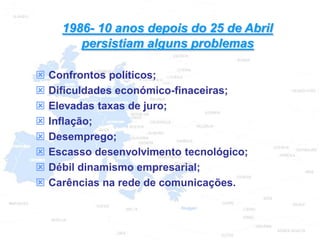 29
1986- 10 anos depois do 25 de Abril
persistiam alguns problemas
 Confrontos políticos;
 Dificuldades económico-finaceiras;
 Elevadas taxas de juro;
 Inflação;
 Desemprego;
 Escasso desenvolvimento tecnológico;
 Débil dinamismo empresarial;
 Carências na rede de comunicações.
 