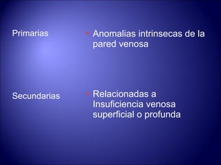 Primarias Secundarias Anomalias intrinsecas de la pared venosa Relacionadas a Insuficiencia venosa superficial o profunda 