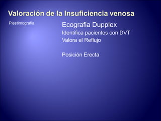 Plestimografia Ecografia Dupplex Identifica pacientes con DVT Valora el Reflujo Posición Erecta 