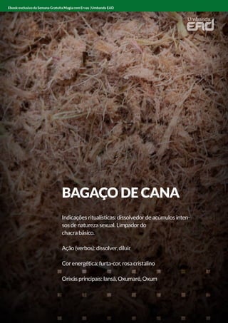 ANGICO
Indicações ritualísticas: limpador e protetor
Ação (verbos): limpar e proteger
Cor energética: vermelho
Orixás principais: Xangô
Ebook exclusivo da Semana Gratuita Magia com Ervas | Umbanda EAD
BAGAÇO DE CANA
Indicações ritualísticas: dissolvedor de acúmulos inten-
sos de natureza sexual. Limpador do
chacra básico.
Ação (verbos): dissolver, diluir
Cor energética: furta-cor, rosa cristalino
Orixás principais: Iansã, Oxumaré, Oxum
Ebook exclusivo da Semana Gratuita Magia com Ervas | Umbanda EAD
 