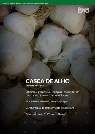CASCA DE ALHO
(Allium sativum L.)
Indicações ritualísticas: libertação energética em
casos de vampirismo e obsessões intensas.
Ação (verbos): dissolver, queimar, desligar
Cor energética: do prata ao violeta e roxo escuro
Orixás principais: Oyá-Tempo e Obaluaê
Ebook exclusivo da Semana Gratuita Magia com Ervas | Umbanda EAD
 