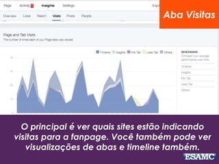 Aba Visitas 
O principal é ver quais sites estão indicando 
visitas para a fanpage. Você também pode ver 
visualizações de abas e timeline também. 
 