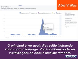Aba Visitas 
O principal é ver quais sites estão indicando 
visitas para a fanpage. Você também pode ver 
visualizações de abas e timeline também. 
 