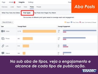 Aba Posts 
Na sub aba de tipos, veja o engajamento e 
alcance de cada tipo de publicação. 
 