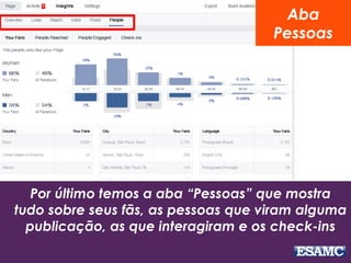 Aba 
Pessoas 
Por último temos a aba “Pessoas” que mostra 
tudo sobre seus fãs, as pessoas que viram alguma 
publicação, as que interagiram e os check-ins 
 