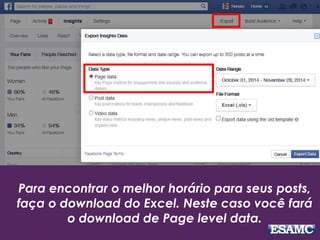 Para encontrar o melhor horário para seus posts, 
faça o download do Excel. Neste caso você fará 
o download de Page level data. 
 