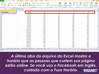A última aba do arquivo do Excel mostra o 
horário que as pessoas que curtem sua página 
estão online. Se você usa o Facebook em inglês, 
cuidado com o Fuso Horário. 
 