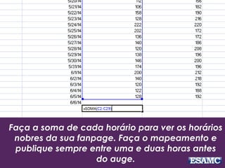 Faça a soma de cada horário para ver os horários 
nobres da sua fanpage. Faça o mapeamento e 
publique sempre entre uma e duas horas antes 
do auge. 
 