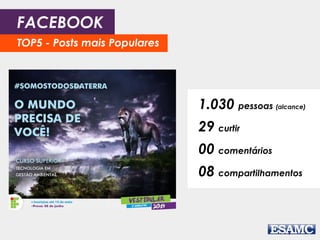 FACEBOOK 
TOP5 - Posts mais Populares 
1.030 pessoas (alcance) 
29 curtir 
00 comentários 
08 compartilhamentos 
 