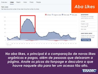Aba Likes 
Na aba likes, o principal é a comparação de novos likes 
orgânicos e pagos, além de pessoas que deixaram a 
página. Anote os picos da fanpage e descubra o que 
houve naquele dia para ter um acesso tão alto. 
 