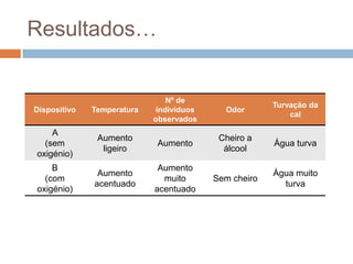 Resultados…


                               Nº de
                                                      Turvação da
Dispositivo   Temperatura   indivíduos     Odor
                                                          cal
                            observados
    A
               Aumento                    Cheiro a
  (sem                      Aumento                   Água turva
                ligeiro                    álcool
oxigénio)
    B                        Aumento
               Aumento                                Água muito
  (com                        muito      Sem cheiro
              acentuado                                 turva
oxigénio)                   acentuado
 