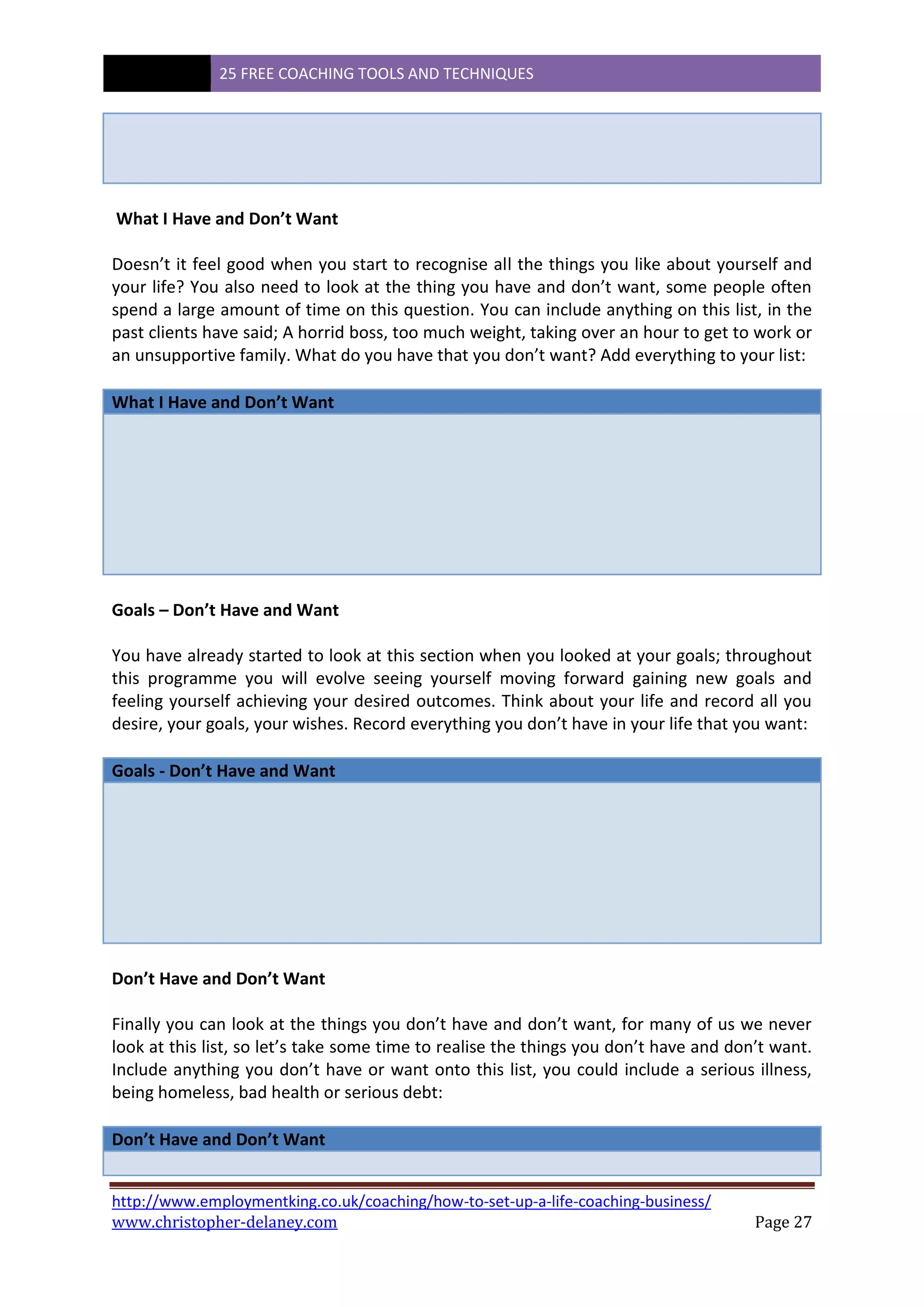 25 FREE COACHING TOOLS AND TECHNIQUES
http://www.employmentking.co.uk/coaching/how-to-set-up-a-life-coaching-business/
www.christopher-delaney.com Page 27
What I Have and Don’t Want
Doesn’t it feel good when you start to recognise all the things you like about yourself and
your life? You also need to look at the thing you have and don’t want, some people often
spend a large amount of time on this question. You can include anything on this list, in the
past clients have said; A horrid boss, too much weight, taking over an hour to get to work or
an unsupportive family. What do you have that you don’t want? Add everything to your list:
What I Have and Don’t Want
Goals – Don’t Have and Want
You have already started to look at this section when you looked at your goals; throughout
this programme you will evolve seeing yourself moving forward gaining new goals and
feeling yourself achieving your desired outcomes. Think about your life and record all you
desire, your goals, your wishes. Record everything you don’t have in your life that you want:
Goals - Don’t Have and Want
Don’t Have and Don’t Want
Finally you can look at the things you don’t have and don’t want, for many of us we never
look at this list, so let’s take some time to realise the things you don’t have and don’t want.
Include anything you don’t have or want onto this list, you could include a serious illness,
being homeless, bad health or serious debt:
Don’t Have and Don’t Want
 
