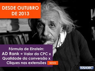 Fórmula de Einstein:
AD Rank = Valor do CPC x
Qualidade da conversão x
Cliques nas extensões
DESDE OUTUBRO
DE 2013
NOVO
 