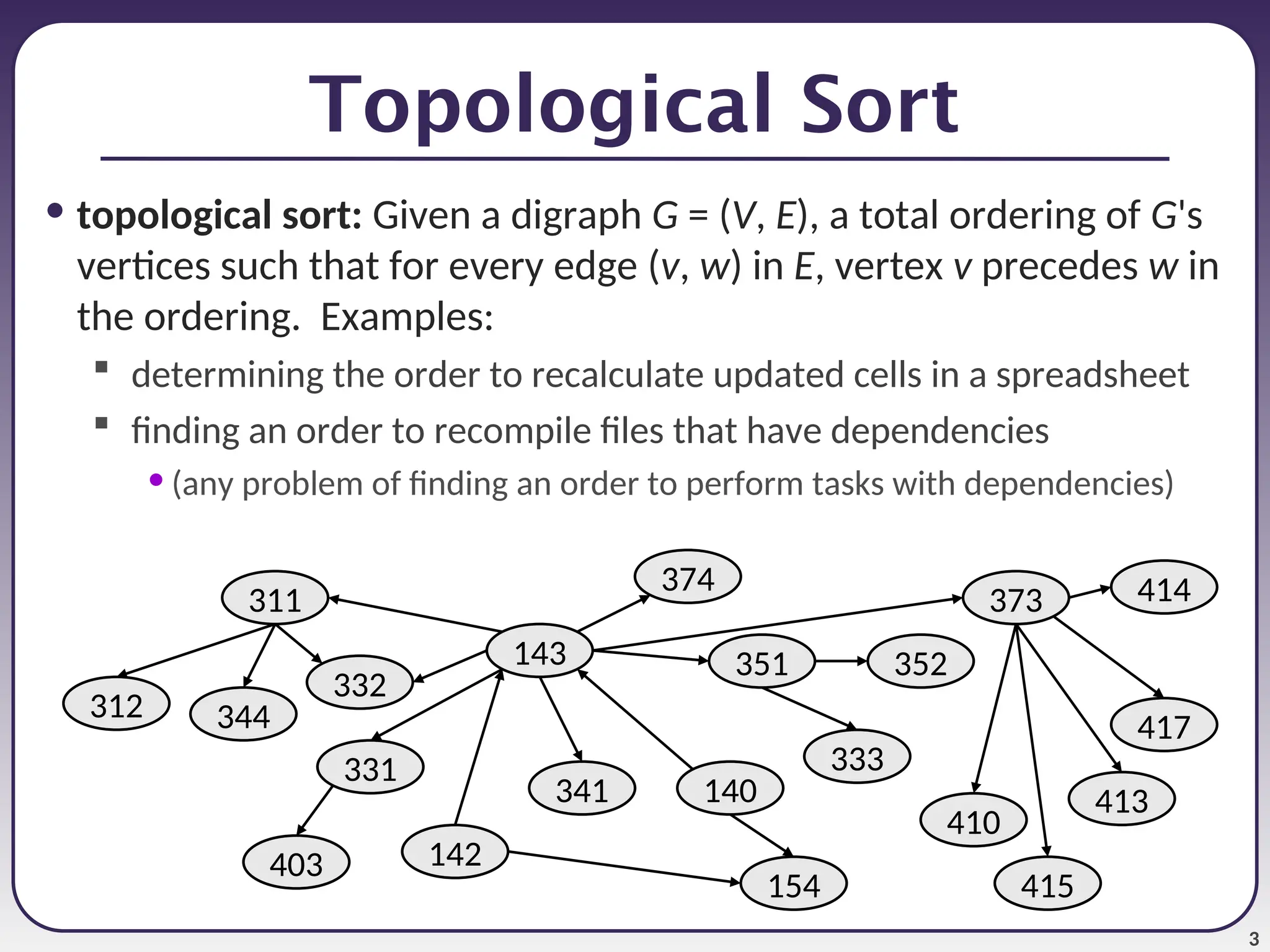 3
Topological Sort
• topological sort: Given a digraph G = (V, E), a total ordering of G's
vertices such that for every edge (v, w) in E, vertex v precedes w in
the ordering. Examples:
 determining the order to recalculate updated cells in a spreadsheet
 finding an order to recompile files that have dependencies
• (any problem of finding an order to perform tasks with dependencies)
142
143
154
140
311
312
331
351
333
341
344
403
352
373
410
332
374
415
413
417
414
 