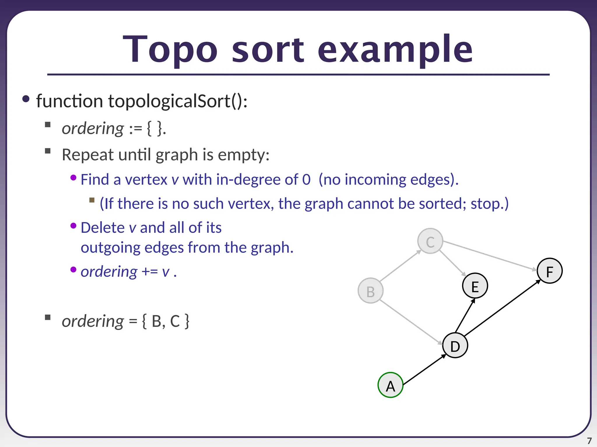 7
Topo sort example
• function topologicalSort():
 ordering := { }.
 Repeat until graph is empty:
• Find a vertex v with in-degree of 0 (no incoming edges).
 (If there is no such vertex, the graph cannot be sorted; stop.)
• Delete v and all of its
outgoing edges from the graph.
• ordering += v .
 ordering = { B, C }
C
A
F
D
B E
 