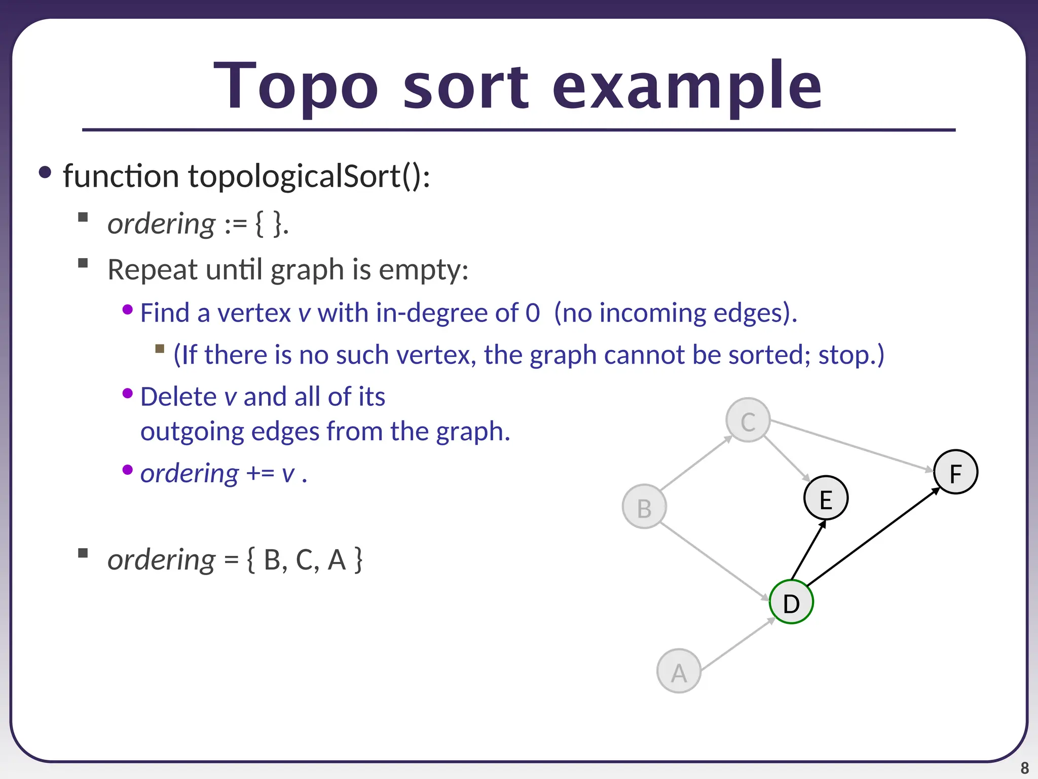8
Topo sort example
• function topologicalSort():
 ordering := { }.
 Repeat until graph is empty:
• Find a vertex v with in-degree of 0 (no incoming edges).
 (If there is no such vertex, the graph cannot be sorted; stop.)
• Delete v and all of its
outgoing edges from the graph.
• ordering += v .
 ordering = { B, C, A }
C
A
F
D
B E
 