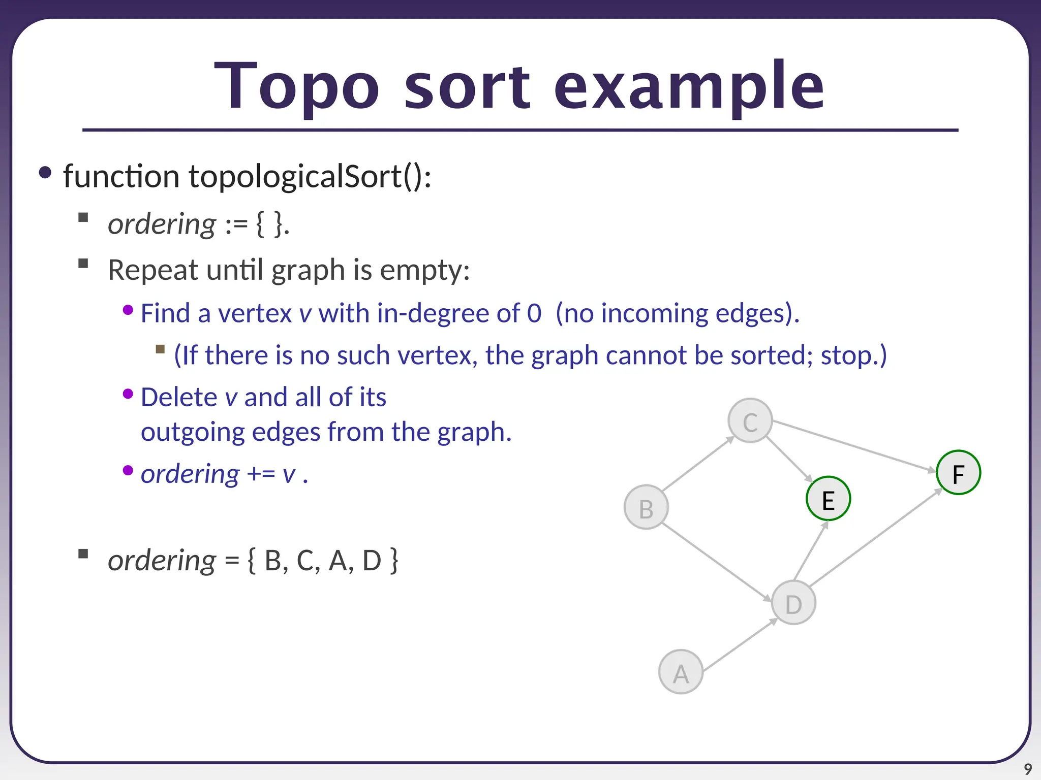 9
Topo sort example
• function topologicalSort():
 ordering := { }.
 Repeat until graph is empty:
• Find a vertex v with in-degree of 0 (no incoming edges).
 (If there is no such vertex, the graph cannot be sorted; stop.)
• Delete v and all of its
outgoing edges from the graph.
• ordering += v .
 ordering = { B, C, A, D }
C
A
F
D
B E
 