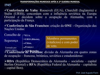 EUA, URSS (Rússia), China, França e Grã-Bretanha. Membros permanentes (vitalícios) e com poder de veto.  1945 Conferência de Yalta : Roosevelt (EUA), Churchill (Inglaterra) e Stalin (URSS), concordam com a influência soviética na Europa Oriental e decidem sobre a ocupação da Alemanha, com a participação da França. Conferência de São Francisco : criação da  ONU  - Organização das Nações Unidas: Conselho de  Segurança  Conferência de Potsdam:  divisão da Alemanha em quatro zonas de ocupação – francesa, britânica, soviética e estadunidense: RDA  (República Democrática da Alemanha – socialista – capital Berlim Oriental) e  RFA  (República Federal da Alemanha – capitalista – capital Bon). Formado por quinze países 