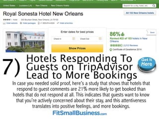 7)Hotels Responding To Guests on 
TripAdvisor Lead to More Bookings 
In case you needed solid proof, here’s a study that s...
