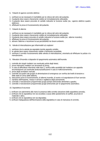 SPP – Ricerca INAIL


6. Pulsanti di sgancio corrente elettrica

1. verificare se sia necessario il martelletto per la rottura del vetro del pulsante;
2. il pulsante deve essere chiaramente visibile ed immediatamente utilizzabile;
3. il pulsante deve essere provvisto di cartello indicante la funzione svolta (es.: sgancio elettrico quadro
   elettrico);
4. effettuare la prova di funzionamento del pulsante.

7. Pulsanti di allarme

1.   verificare se sia necessario il martelletto per la rottura del vetro del pulsante;
2.   il pulsante deve essere chiaramente visibile ed immediatamente utilizzabile;
3.   il pulsante deve essere provvisto di cartello indicante la funzione svolta (es.: allarme incendio);
4.   effettuare la prova di funzionamento del pulsante;
5.   attivare l’allarme e riscontrare la sua percettibilità nei diversi ambienti.

8. Valvole di intercettazione gas infiammabili e/o esplosivi

1. verificare che la valvola sia segnalata tramite apposito cartello;
2. la valvola deve essere chiaramente visibile e facilmente accessibile;
3. verificare il corretto funzionamento della valvola di intercettazione, smontarla ed effettuare la pulizia e la
   manutenzione.

9. Rilevatori d’incendio e dispositivi di spegnimento automatico dell’incendio

1. controllo dei singoli rivelatori con eventuale pulizia degli stessi;
2. prova intervento rivelatori con strumento di prova;
3. in caso di difficoltoso intervento nella fase 2, verifica della sensibilità del rivelatore con apposita
   strumentazione con eventuale taratura/sostituzione in caso di malfunzionamento;
4. prova degli avvistatori manuali;
5. controllo sul quadro del gruppo di alimentazione di emergenza con verifica dei livelli di tensione e
   dello stato di carica delle batterie;
6. esecuzione prove di funzionamento, di allarme incendio, di avaria e di segnalazione di fuori servizio
7. ripristino dell’impianto, messa in servizio e sigillatura degli azionamenti;
8. controllo e manutenzione programmata gruppi pompe antincendio alimentati a gasolio;
9. controllo e manutenzione programmata gruppi antincendio per lo spegnimento automatico.

10. Segnaletica di sicurezza

1. verificare con planimetria alla mano la presenza della corretta ubicazione della segnaletica prevista;
2. verificare che la segnaletica non sia occultata a causa dello spostamento di scaffali, accumulo di
    materiale e altro;
3. verificare che la segnaletica non sia degradata;
4. verificare l’adeguatezza dell’illuminazione della segnaletica in caso di mancanza di corrente.




                                                        112
 