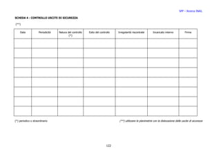 SPP – Ricerca INAIL

SCHEDA 4 - CONTROLLO USCITE DI SICUREZZA

(**)


    Data             Periodicità   Natura del controllo   Esito del controllo   Irregolarità riscontrate       Incaricato interno           Firma
                                           (*)




(*) periodico o straordinario                                                    (**) utilizzare le planimetrie con la dislocazione delle uscite di sicurezza




                                                                         122
 
