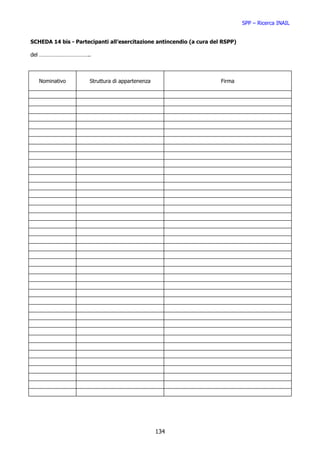SPP – Ricerca INAIL


SCHEDA 14 bis - Partecipanti all’esercitazione antincendio (a cura del RSPP)

del ……………………………..



   Nominativo        Struttura di appartenenza                        Firma




                                                 134
 
