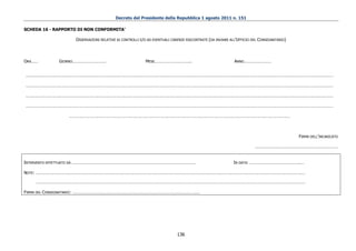Decreto del Presidente della Repubblica 1 agosto 2011 n. 151

SCHEDA 16 - RAPPORTO DI NON CONFORMITA’

                   OSSERVAZIONI RELATIVE AI CONTROLLI E/O AD EVENTUALI CARENZE RISCONTRATE (DA INVIARE ALL’UFFICIO DEL CONSEGNATARIO)




ORA……        GIORNO………………………..                          MESE…………………………..                                ANNO……………………


……………………………………………………………………………………………………………………………………………………………………………………………………………………………………………

……………………………………………………………………………………………………………………………………………………………………………………………………………………………………………

……………………………………………………………………………………………………………………………………………………………………………………………………………………………………………

……………………………………………………………………………………………………………………………………………………………………………………………………………………………………………

                 …………………………………………………………………………………………………………………………………………………………………………



                                                                                                                                        FIRMA DELL’INCARICATO

                                                                                                                    ………………………………………………………………


INTERVENTO EFFETTUATO DA ………………………………………………………………………………………………                                           IN DATA: ……………………………………..…

NOTE: ………………………………………………………………………………………………………………………………………………………………………………………………………………

    ………………………………………………………………………………………………………………………………………………………………………………………………………………

FIRMA DEL CONSEGNATARIO: …………………………………………………………………………………………………




                                                                         136
 