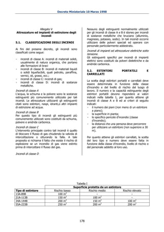 Decreto Ministeriale 10 Marzo 1998




                 Allegato V                                     Nessuno degli estinguenti normalmente utilizzati
Attrezzature ed impianti di estinzione degli                    per gli incendi di classe A e B è idoneo per incendi
                  incendi                                       di sostanze metalliche che bruciano (alluminio,
                                                                magnesio, potassio, sodio). In tali incendi occorre
5.1.    CLASSIFICAZIONE DEGLI INCENDI                           utilizzare delle polveri speciali ed operare con
                                                                personale particolarmente addestrato.
Ai fini del presene decreto, gli incendi sono
                                                                Incendi di impianti ed attrezzature elettriche sotto
classificati come segue:
                                                                tensione.
                                                                Gli estinguenti specifici per incendi di impianti
-   incendi di classe A: incendi di materiali solidi,
                                                                elettrici sono costituiti da polveri dielettriche e da
    usualmente di natura organica, che portano
                                                                anidride carbonica.
    alle formazioni di braci
-   incendi di classe B: incendi di materiali liquidi
                                                                5.2. ESTINTORI                PORTATILI             E
    o solidi liquefacibili, quali petrolio, paraffina,
                                                                CARRELLATI
    vernici, oli, grassi, ecc.;
-   incendi di classe C: incendi di gas;
                                                                La scelta degli estintori portatili e carrellati deve
-   incendi di classe D: incendi di sostanze
                                                                essere determinata in funzione della classe
    metalliche.
                                                                d’incendio e del livello di rischio del luogo di
Incendi di classe A                                             lavoro. Il numero e la capacità estinguente degli
L'acqua, la schiuma e la polvere sono le sostanze               estintori portatili devono rispondere ai valori
estinguenti più comunemente utilizzate per tali                 indicati nella tabella 1, per quanto attiene gli
incendi. Le attrezzature utilizzanti gli estinguenti            incendi di classe A e B ed ai criteri di seguito
citati sono estintori, naspi, idranti,o altri impianti          indicati:
di estinzione ad acqua.                                         - il numero dei piani (non meno di un estintore
                                                                     a piano);
Incendi di classe B
                                                                - la superficie in pianta;
Per questo tipo di incendi gli estinguenti più
                                                                - lo specifico pericolo d’incendio (classe
comunemente utilizzati sono costituiti da schiuma,
                                                                     d’incendio);
polvere e anidride carbonica.
                                                                - la distanza che una persona deve percorrere
Incendi di classe C                                                  per utilizzare un estintore (non superiore a 30
L'intervento principale contro tali incendi è quello                 m).
di bloccare il flusso di gas chiudendo la valvola di
intercettazione o otturando la falla. A tale                    Per quanto attiene gli estintori carrellati, la scelta
proposito si richiama il fatto che esiste il rischio di         del loro tipo e numero deve essere fatta in
esplosione se un incendio di gas viene estinto                  funzione della classe d’incendio, livello di rischio e
prima di intercettare il flusso del gas.                        del personale addetto al loro uso.

Incendi di classe D




                                                  Tabella I
                                                Superficie protetta da un estintore
Tipo di estintore                 Rischio basso             Rischio medio           Rischio elevato
13A-89B                              100 m2                        -                       -
                                           2                         2
21A-113B                             150 m                     100 m                       -
34A-144B                             200 m2                    150 m2                   100 m2
55A-233B                             250 m2                    200 m2                   200 m2




                                                          178
 