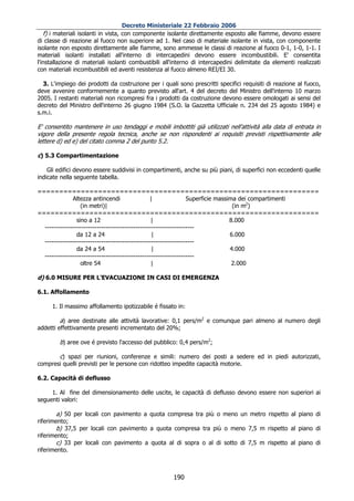 Decreto Ministeriale 22 Febbraio 2006
  f) i materiali isolanti in vista, con componente isolante direttamente esposto alle fiamme, devono essere
di classe di reazione al fuoco non superiore ad 1. Nel caso di materiale isolante in vista, con componente
isolante non esposto direttamente alle fiamme, sono ammesse le classi di reazione al fuoco 0-1, 1-0, 1-1. I
materiali isolanti installati all'interno di intercapedini devono essere incombustibili. E' consentita
l'installazione di materiali isolanti combustibili all'interno di intercapedini delimitate da elementi realizzati
con materiali incombustibili ed aventi resistenza al fuoco almeno REI/EI 30.

  3. L'impiego dei prodotti da costruzione per i quali sono prescritti specifici requisiti di reazione al fuoco,
deve avvenire conformemente a quanto previsto all'art. 4 del decreto del Ministro dell'interno 10 marzo
2005. I restanti materiali non ricompresi fra i prodotti da costruzione devono essere omologati ai sensi del
decreto del Ministro dell'interno 26 giugno 1984 (S.O. la Gazzetta Ufficiale n. 234 del 25 agosto 1984) e
s.m.i.

E' consentito mantenere in uso tendaggi e mobili imbottiti già utilizzati nell'attività alla data di entrata in
vigore della presente regola tecnica, anche se non rispondenti ai requisiti previsti rispettivamente alle
lettere d) ed e) del citato comma 2 del punto 5.2.

c) 5.3 Compartimentazione

    Gli edifici devono essere suddivisi in compartimenti, anche su più piani, di superfici non eccedenti quelle
indicate nella seguente tabella.

=================================================================
               Altezza antincendi                  |               Superficie massima dei compartimenti
                   (in metri)|                                                      (in m2)
=================================================================
                 sino a 12                         |                               8.000
  ---------------------------------------------------------------------
                 da 12 a 24                         |                              6.000
  ---------------------------------------------------------------------
                 da 24 a 54                         |                              4.000
  ---------------------------------------------------------------------
                   oltre 54                        |                                2.000

d) 6.0 MISURE PER L’EVACUAZIONE IN CASI DI EMERGENZA

6.1. Affollamento

     1. Il massimo affollamento ipotizzabile é fissato in:

        a) aree destinate alle attività lavorative: 0,1 pers/m2 e comunque pari almeno al numero degli
addetti effettivamente presenti incrementato del 20%;

        b) aree ove é previsto l'accesso del pubblico: 0,4 pers/m2;

       c) spazi per riunioni, conferenze e simili: numero dei posti a sedere ed in piedi autorizzati,
compresi quelli previsti per le persone con ridotteo impedite capacità motorie.

6.2. Capacità di deflusso

     1. Al fine del dimensionamento delle uscite, le capacità di deflusso devono essere non superiori ai
seguenti valori:

       a) 50 per locali con pavimento a quota compresa tra più o meno un metro rispetto al piano di
riferimento;
       b) 37,5 per locali con pavimento a quota compresa tra più o meno 7,5 m rispetto al piano di
riferimento;
       c) 33 per locali con pavimento a quota al di sopra o al di sotto di 7,5 m rispetto al piano di
riferimento.



                                                      190
 