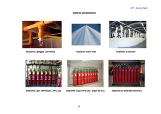 SPP – Ricerca INAIL

                                             SISTEMI ANTINCENDIO




Impianto a pioggia (sprinkler)                   Impianto water mist                  Impianto a schiuma




Impianto a gas chimici (es.: HFC-23)   Impianto a gas inerti (es.: argon IG-02)   Impianto ad anidride carbonica




                                                   61
 