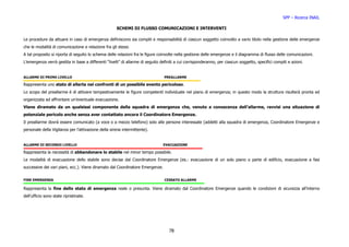 SPP – Ricerca INAIL

                                                     SCHEMI DI FLUSSO COMUNICAZIONI E INTERVENTI

Le procedure da attuare in caso di emergenza definiscono sia compiti e responsabilità di ciascun soggetto coinvolto a vario titolo nella gestione delle emergenze
che le modalità di comunicazione e relazione fra gli stessi.
A tal proposito si riporta di seguito lo schema delle relazioni fra le figure coinvolte nella gestione delle emergenze e il diagramma di flusso delle comunicazioni.
L’emergenza verrà gestita in base a differenti “livelli” di allarme di seguito definiti a cui corrisponderanno, per ciascun soggetto, specifici compiti e azioni.


ALLARME DI PRIMO LIVELLO                                                         PREALLARME

Rappresenta uno stato di allerta nei confronti di un possibile evento pericoloso.
Lo scopo del preallarme è di attivare tempestivamente le figure competenti individuate nel piano di emergenza; in questo modo la struttura risulterà pronta ed
organizzata ad affrontare un’eventuale evacuazione.
Viene diramato da un qualsiasi componente della squadra di emergenza che, venuto a conoscenza dell’allarme, ravvisi una situazione di
potenziale pericolo anche senza aver contattato ancora il Coordinatore Emergenze.
Il preallarme dovrà essere comunicato (a voce o a mezzo telefono) solo alle persone interessate (addetti alla squadra di emergenza, Coordinatore Emergenze e
personale della Vigilanza per l’attivazione della sirena intermittente).


ALLARME DI SECONDO LIVELLO                                                      EVACUAZIONE

Rappresenta la necessità di abbandonare lo stabile nel minor tempo possibile.
Le modalità di evacuazione dello stabile sono decise dal Coordinatore Emergenze (es.: evacuazione di un solo piano o parte di edificio, evacuazione a fasi
successive dei vari piani, ecc.). Viene diramato dal Coordinatore Emergenze.


FINE EMERGENZA                                                                   CESSATO ALLARME

Rappresenta la fine dello stato di emergenza reale o presunta. Viene diramato dal Coordinatore Emergenze quando le condizioni di sicurezza all’interno
dell’ufficio sono state ripristinate.




                                                                                   78
 