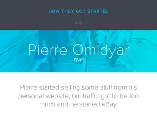 Pierre OmidyarEBAY
Pierre started selling some stuff from his
personal website, but traffic got to be too
much and he star...
