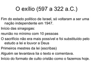 39
SADUCEUS
Eram a elite sacerdotal, política e social.
Negavam a ressurreição, o juízo final, a existência de
anjos e espíritos. At 23.8
Não se davam com os Fariseus (At 23.7).
Enfatizavam a liberdade da vontade humana, rejeitando
o determinismo e o azar.
Tinham a Torah como única fonte de fé e prática;
Diziam-se descendentes do Sumo-Sacerdote Zadoque
(1Rs 2.35) (o nome Saduceu vem do hebraico tzadokim
= “descendentes de Zadoque”).
Enquanto os fariseus eram nacionalistas os saduceus
iam na direção da filosofia e cultura gregas.
Com a destruição do Templo o partido desapareceu.
 